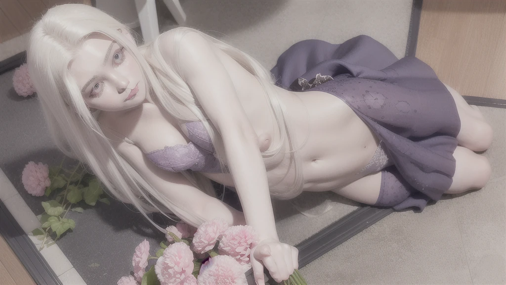 realisitic, 1 girl, White hair, purples eyes, glare eyes, top cut, overskirt, parted lips, blush, natta, flowers, floor, floorlight,