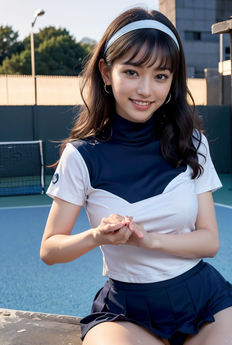 (((A proper woman,Kneel on the ground, (((????????????,????????????))) ,Pussy juice))), (shy:1.4),(Embarrassing:1.4),(Embarrassing:1.4),(Pussy juice:1.8),(touching my cat:1.4),(((A kind smile:1.8,A kind smile,blush:1.8,Deep cheeks:1.8))),((((blush,Red cheeks))),(Cinema Lighting), (Photo realistic:1.4)、(Surreal:1.4)、(Realistic:1.3)、 (Gentle lighting: 1.05)、(Improve the lighting quality of your videos:0.9)、 32k、25-year-old female、Photorealistic Lighting、Backlight、Facial Light、Ray-tracing、(bright:1.2)、(Improvement of quality:1.4)、 (Highest quality real texture skins)、Beautiful Eyes,Delicate face、 Face close-up, ((((Wearing a Navy tennis uniform))),(((Sweat,Navy uniform))), High neck:1.4,mini skirt,High heels))),(Improve your body line mood:1.1)、Shiny skin、Good figure,Perfect ???????,Beautiful actress,(((Beautiful big ,Narrow waist,Thin Hips,Long, slender legs,8 heads))),(((8 heads))),(((Wavy Hair,bangs,hair band))),(((Sweat skin,Shiny skin,Beautiful modern night pool,Very beautiful night view,At night))),