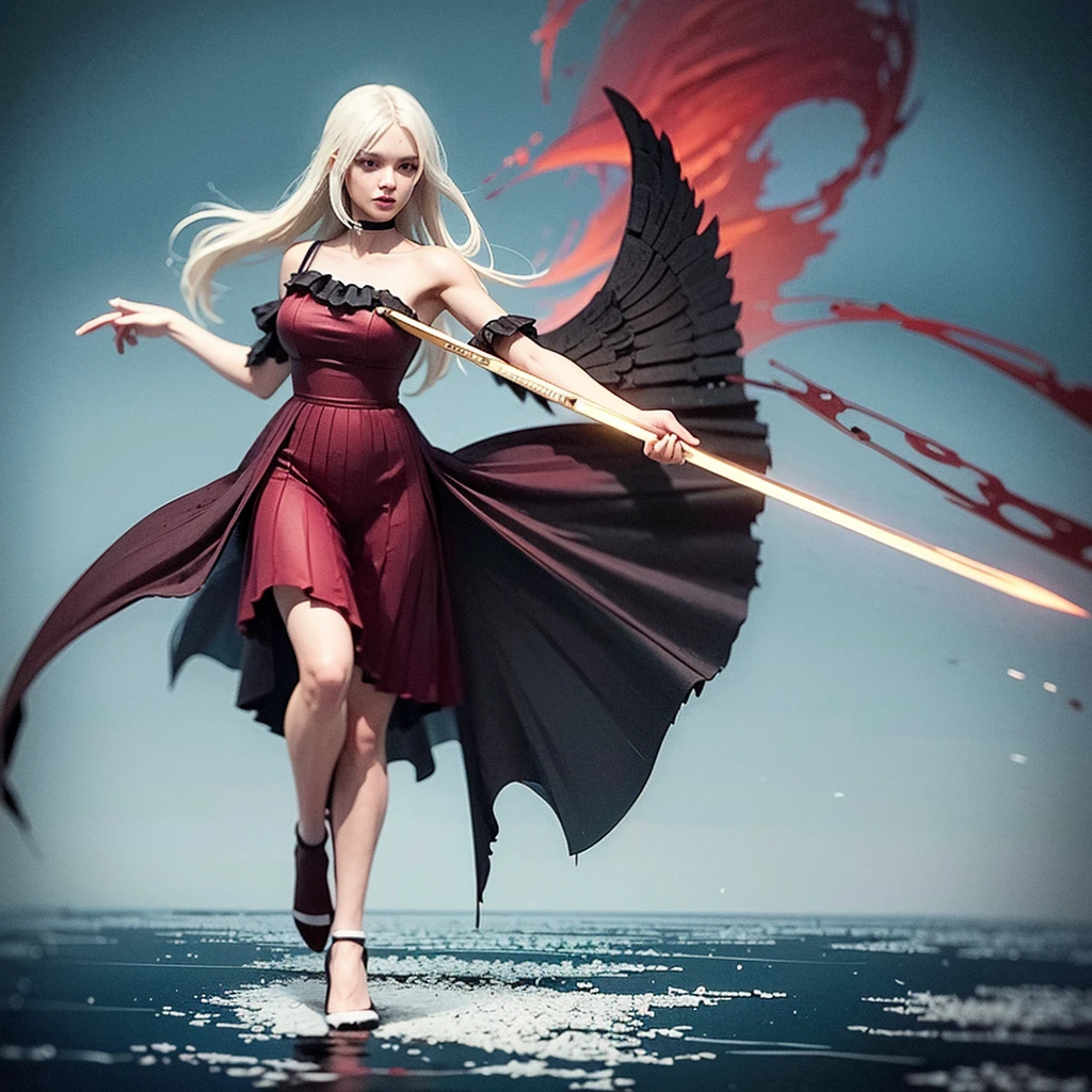 1 dark angel dancing on the lake, flowers and sword, splashed water, dimaond, smoke, ta long dress, rage, bloody, 8k, hd, unreal engine, dreamy, romantic
