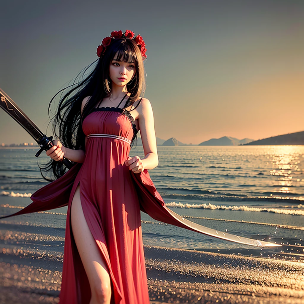 1 dark angel dancing on the lake, flowers and sword, splashed water, dimaond, smoke, lolita long dress, rage, bloody, 8k, hd, unreal engine, dreamy, romantic