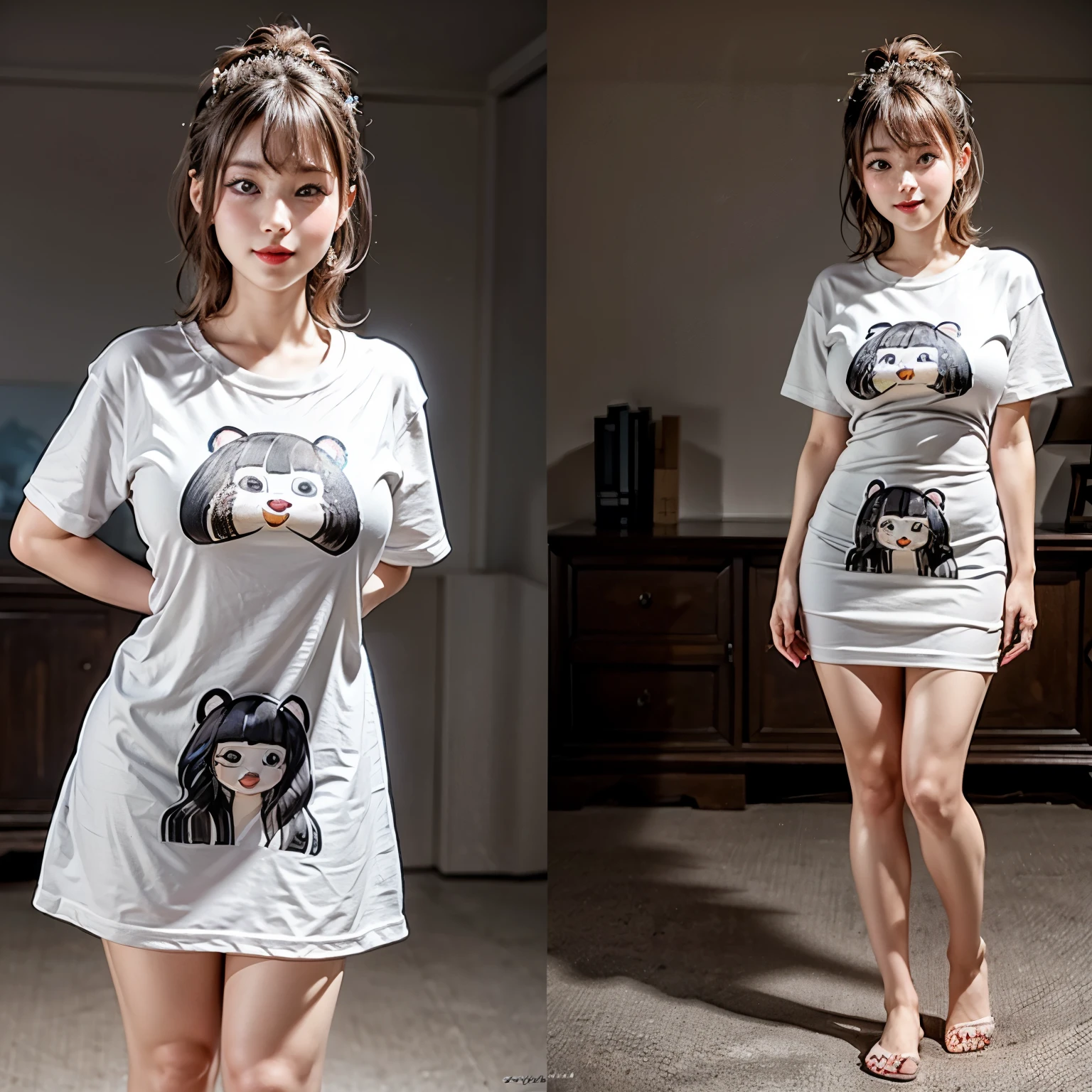 White and Bright Red, (Masterpiece 8K TopQuality:1.2) (ProfessionalPhoto:1.37) ExtremelyDetailed (((FullBody, KAWAII girl with HUGE boobs:1.37)) in ((WHITE cotton T-shirt dress:1.28) with (Life-Size her face printed on it:1.37)) detailed (Delicate cotton textures)) Sexy PUNIPUNI BODY PerfectLighting ((Studio Dark GRAY Background) with (Oodles  Dazzling RainbowColor Particles:1.26))  BREAK  (((NOGIZAKA FaceVariations))), Extremely Detailed (very KAWAII Face), Childish CaptivatingGaze Stunning ParfectEyes ElaboratePupils with (SparklingHighlights:1.28), DoubleEyelids with (Detailed Voluminous LongEyelashes:0.88), Small GlossyRedLips with BeautifulDetails, CoquettishTongue, PUNIPUNI RosyCheeks, Radiant PearlSkin with Transparency, Glowing DowneyHair . { (Dynamic Joyful expressions LifeLike Rendering:1.4) | (:d) }, (large eyes:-1) . 