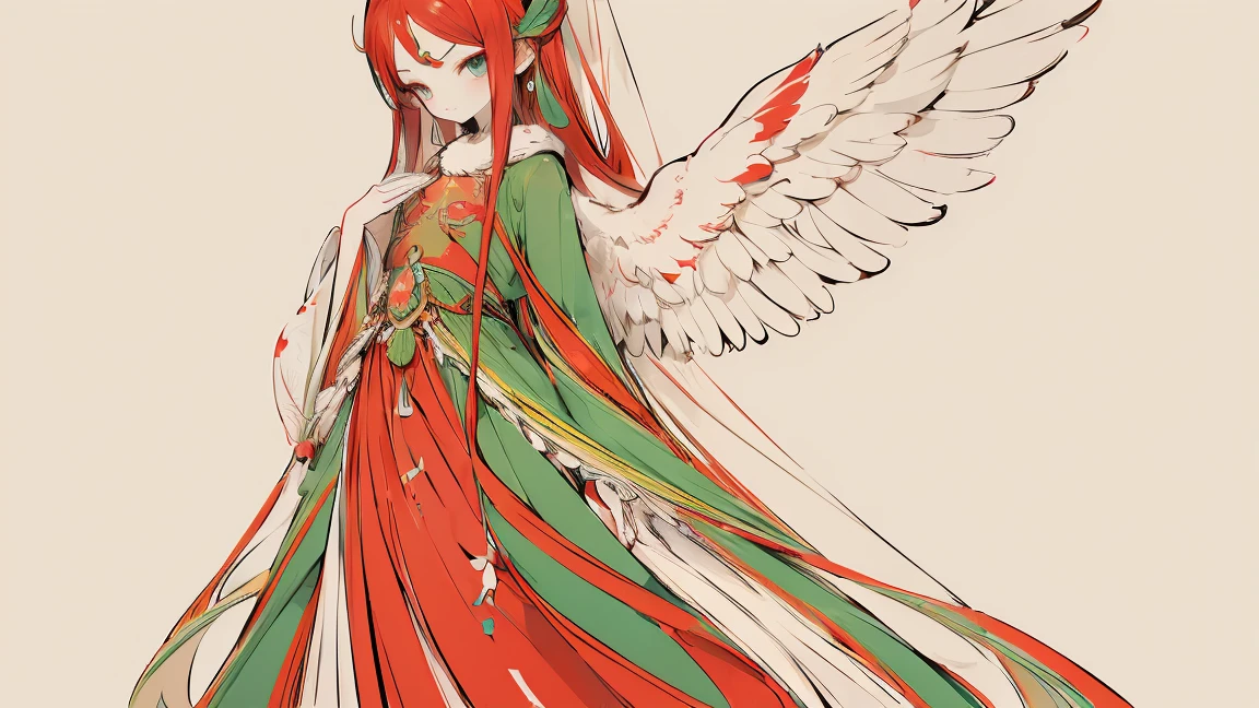 (Designed by nty:1.4),Full body portrait of a girl, Red and green colorful, rich and colorful, Yoshitaka Amano character design,Solitary,Angelic, symmetrical beautiful, Angel Wings, Gorgeous long dress, stand up, (((Solitary))), Color Matching，Clear facial features, Clean lines design, Magic Elements, Future Technology, ((tarot card background)), Standing figure, ((Flat Color)), (masterpiece，Top quality，best quality，Ultra-high resolution), ((Exquisite facial features，Clear facial features，beautiful eyes，Pretty Face)) ,(32K Wallpaper),