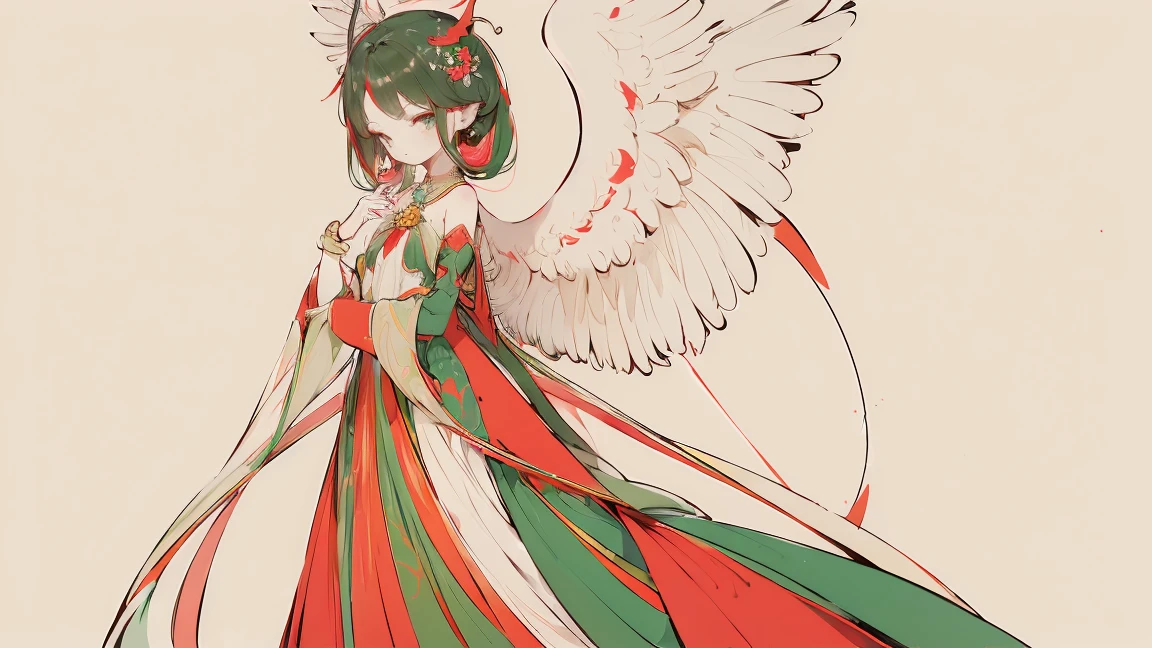 (Designed by nty:1.4),Full body portrait of a girl, Red and green colorful, rich and colorful, Yoshitaka Amano character design,Solitary,Angelic, symmetrical beautiful, Angel Wings, Gorgeous long dress, stand up, (((Solitary))), Color Matching，Clear facial features, Clean lines design, Magic Elements, Future Technology, ((tarot card background)), Standing figure, ((Flat Color)), (masterpiece，Top quality，best quality，Ultra-high resolution), ((Exquisite facial features，Clear facial features，beautiful eyes，Pretty Face)) ,(32K Wallpaper),