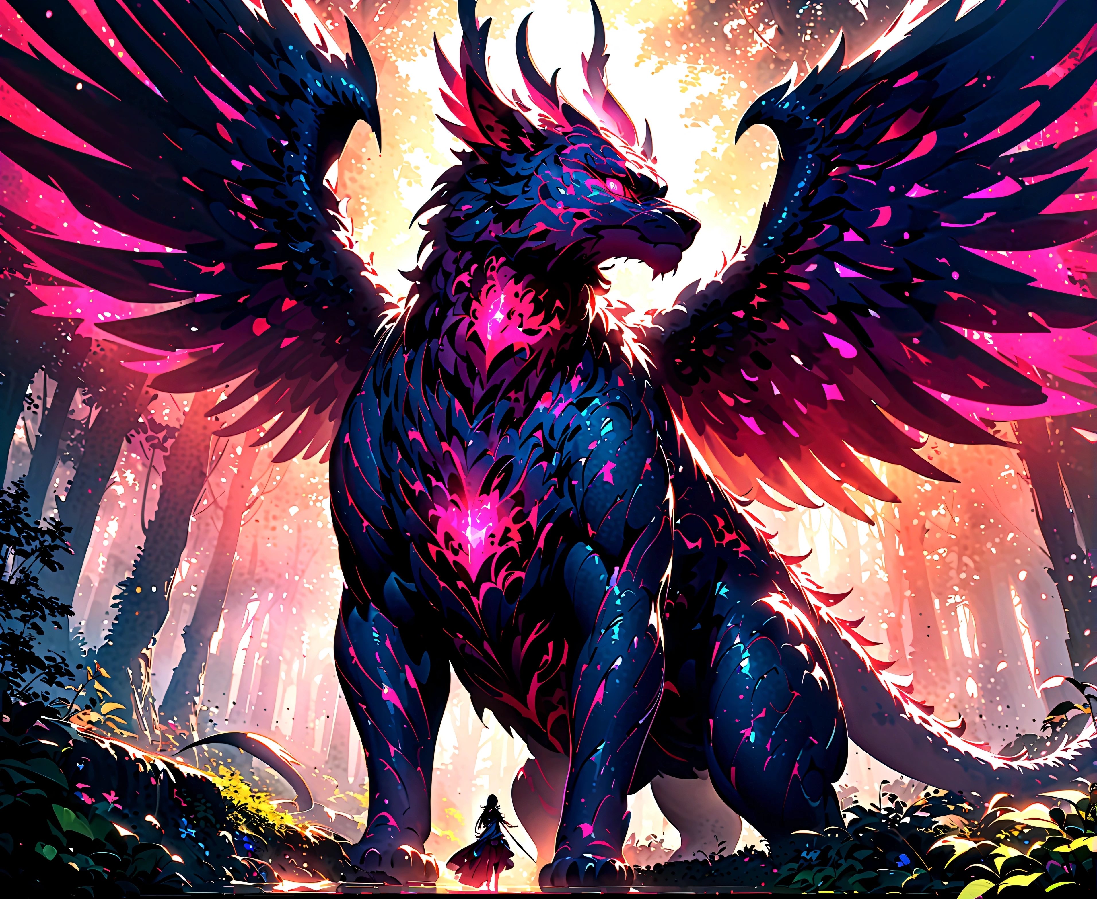 chiaroscuro、Eyes shining in detail、A giant winged creature in an enchanted forest glade [dragon:tiger:28]、night、dappled light、Poster Art、Super detailed
