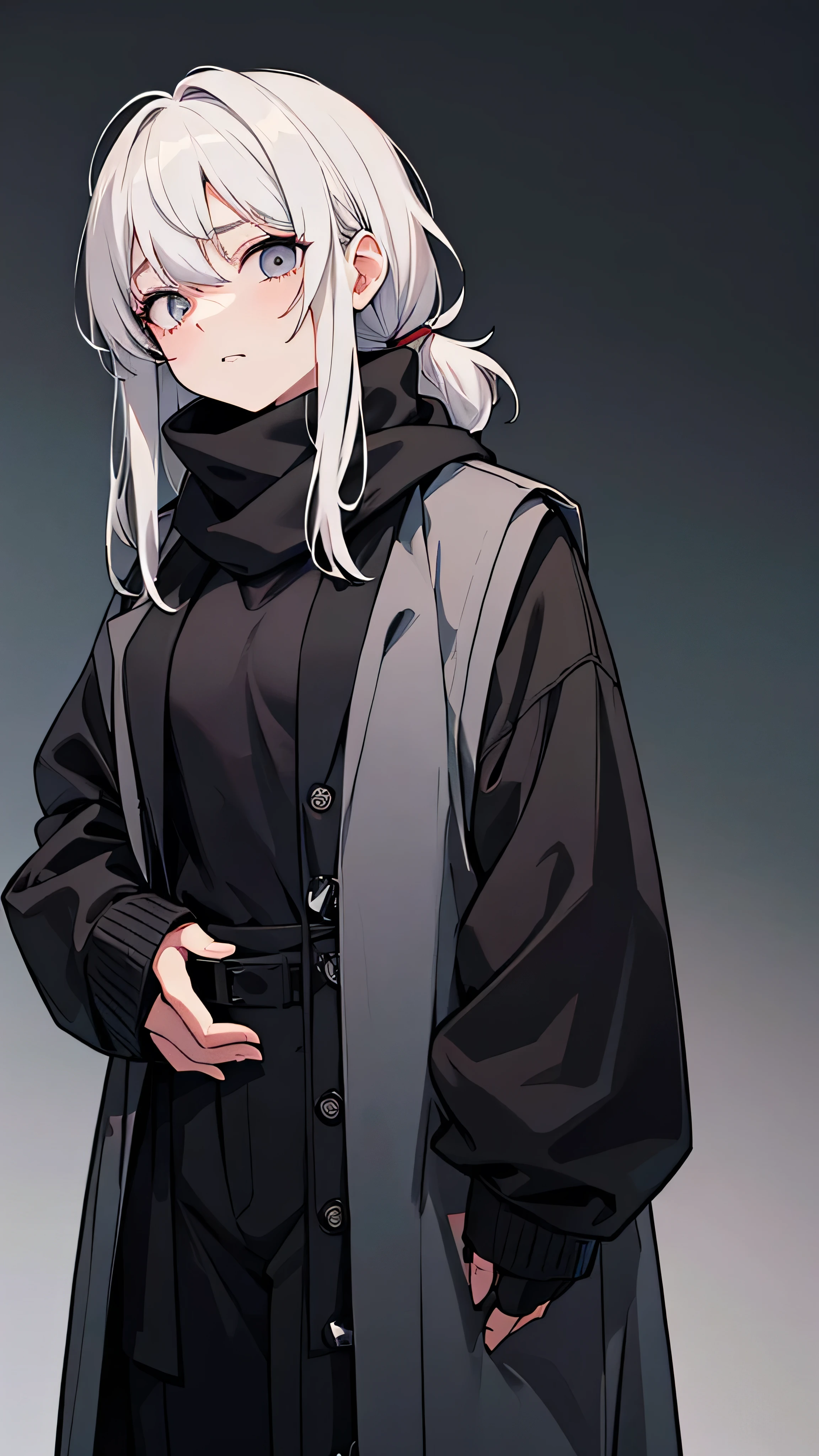 Japanese adult woman, 40-year-old adult, medium-length brown hair, grunge, aesthetic, inumaki, white shaggy hair, no bangs, pure white hair, plain black turtleneck, lazy, eyebags, ominous, eerie, mysterious, night time, dark, eyebags, bags under eyes, adult woman, dark gray pants, dress pants, black turtleneck tucked into dark gray pants, black sleeveless turtleneck halter, eerie moorlands background, turtleneck sweater covering mouth, open coat, black scarf, stern expression, arrogant