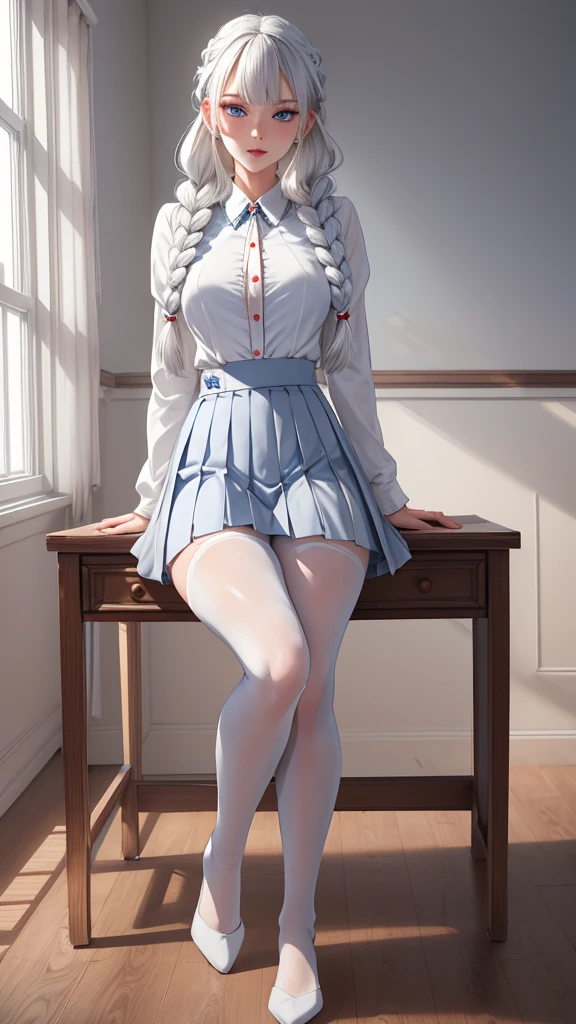 "1girl, incredibly detailed 8k cg, flawless model, mesmerizing idol, stunning face, ethereal beauty, pristine white hair, ring braids, captivating blue eyes,  Kakegurui ,  redblazer, white shirt, pleated grey skirt,  brown pantyhose, sat on desk  , full body, 