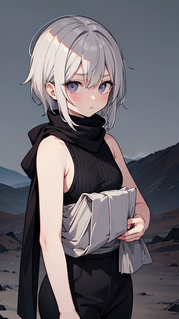 Japanese adult woman, 40-year-old adult, medium-length brown hair, grunge, aesthetic, inumaki, white shaggy hair, no bangs, pure white hair, plain black turtleneck, lazy, eyebags, ominous, eerie, mysterious, night time, dark, eyebags, bags under eyes, adult woman, dark gray pants, dress pants, black turtleneck tucked into dark gray pants, black sleeveless turtleneck halter, eerie moorlands background, turtleneck sweater covering mouth, open coat, black scarf, stern expression, arrogant