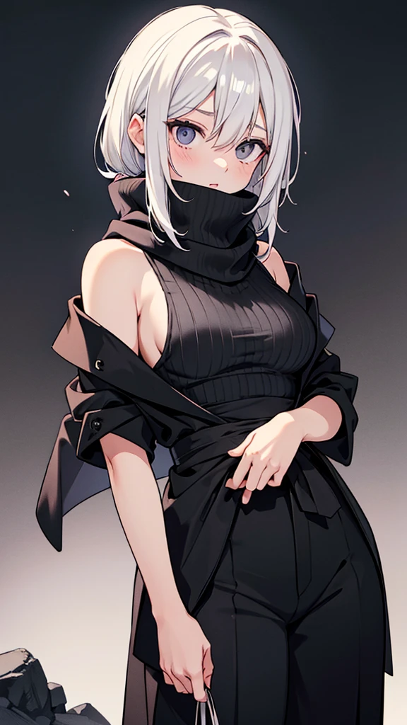 Japanese adult woman, 40-year-old adult, medium-length brown hair, grunge, aesthetic, inumaki, white shaggy hair, no bangs, pure white hair, plain black turtleneck, lazy, eyebags, ominous, eerie, mysterious, night time, dark, eyebags, bags under eyes, adult woman, dark gray pants, dress pants, black turtleneck tucked into dark gray pants, black sleeveless turtleneck halter, eerie moorlands background, turtleneck sweater covering mouth, open coat, black scarf, stern expression, arrogant