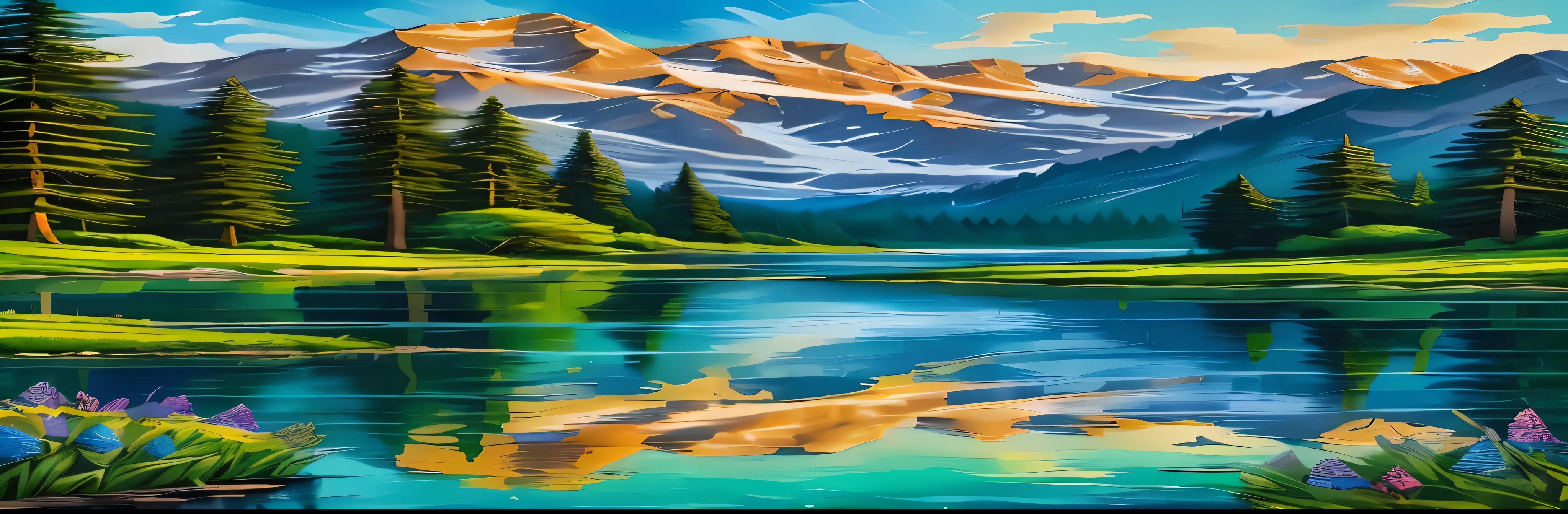 painting of a mountain lake with a mountain range in the background, detailed scenery —width 672, majestic nature scenery, scenery art detailed, beautiful art uhd 4 k, detailed painting 4 k, mountains river trees, stunning nature in background, beautiful iphone wallpaper, beautiful painting of a tall, majestic landscape, nature painting, nature landscape, detailed scenic view, peaceful landscape