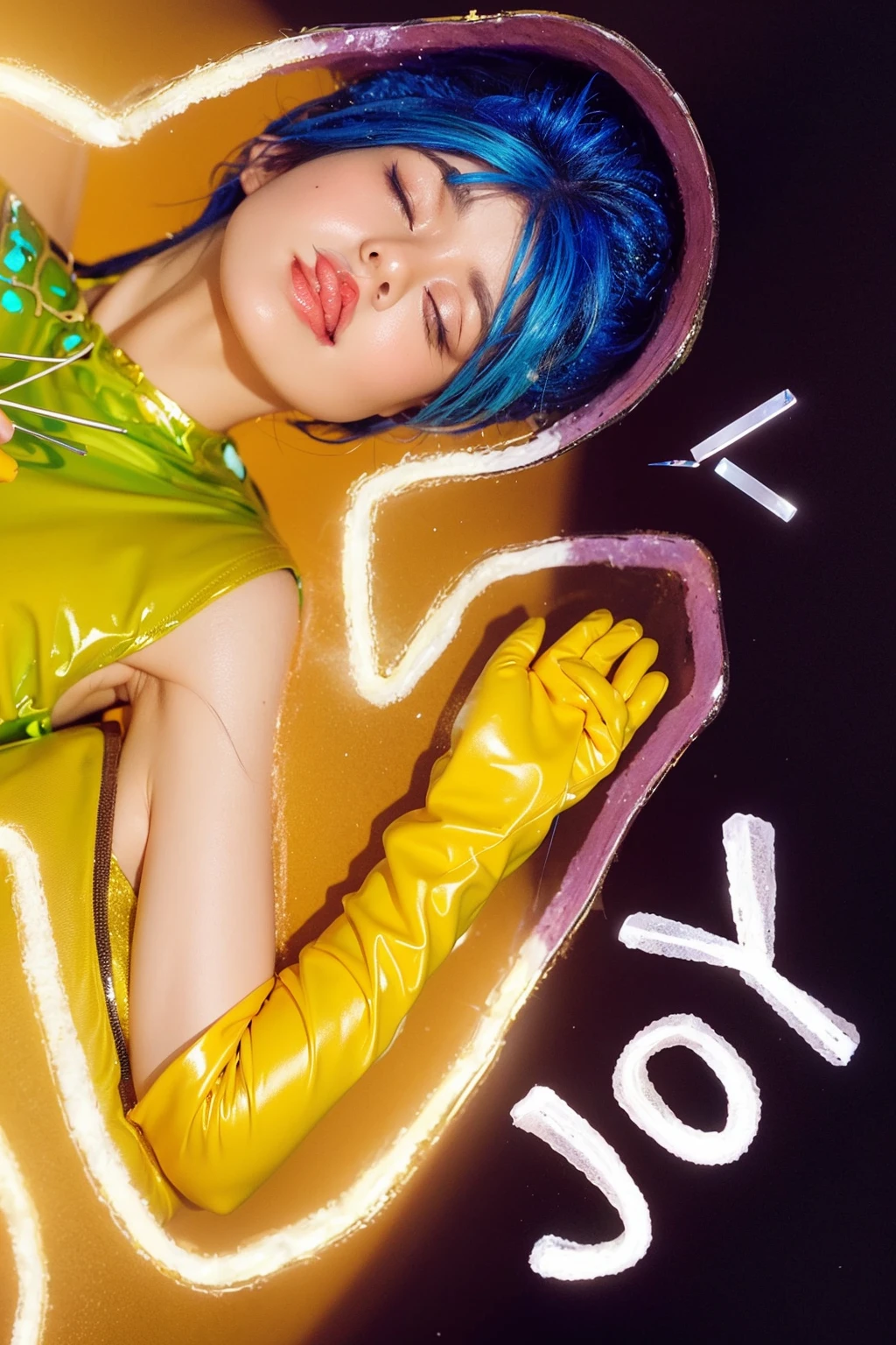 This image captures a visually stunning and vibrant portrayal of a woman, framed against a textured background that combines golden and purple hues. She is lying down, with her eyes closed in a serene expression, surrounded by an outline that seems to radiate light, enhancing the peaceful ambiance. Her hair is vivid blue, providing a striking contrast against the warmer background colors.  She wears a bright green dress that shines with a glossy finish, and her arms are adorned with yellow gloves that reach her elbows, contributing to the vivid and colorful palette of the image. The word "JOY" is creatively integrated into the scene, written in white on the purple section of the background, suggesting the theme or emotion conveyed by this setup. The overall composition is both dreamlike and expressive, effectively capturing a moment of tranquil beauty enhanced by a rich, colorful environment. 3d model, multiple light sources, rim light, sharp post broken glass magic ball of turquoise color with fragments lying nearby frame above from above on a white background effects render, (glossy plastic texture with multiple big light probe refractions), perfect cgi, smooth silhouette, high intensity refraction, (super glossy plastic material), most beautiful vfx, , realistic, 4k, high resolution, rim light, smooth 3d model, multiple light sources, rim light, sharp post effects render,, realistic, 4k, high resolution, rim light detailed digital art, reflective, best quality, 4k, masterpiece:1.2, ultra-detailed, realistic, vivid colors, The image of the highest quality, ensuring every detail showcased perfectly. It in 4k resolution, allowing viewers to immerse themselves in the richness of the colors and intricate details. The realistic rendering. under the spotlight, reflecting, high-resolution image, realistic rendering