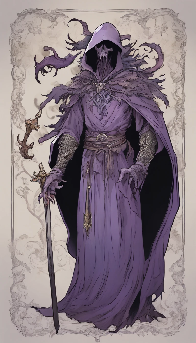 Mind flayer，Inspired by Dungeons & Dragons，Inspired by Baldur's Gate 3，Full body concept art illustration of Mind Flayer。The character has human-like proportions，tall、slim and muscular。The character has Octopus-like head。The character has 4 tentacles extending from its chin，Light purple skin，Almost Blue。The character is Wearing a mysterious black mask。The character is dressed in exquisite、Luxurious black academic robes and ornate leather boots。Background is blank