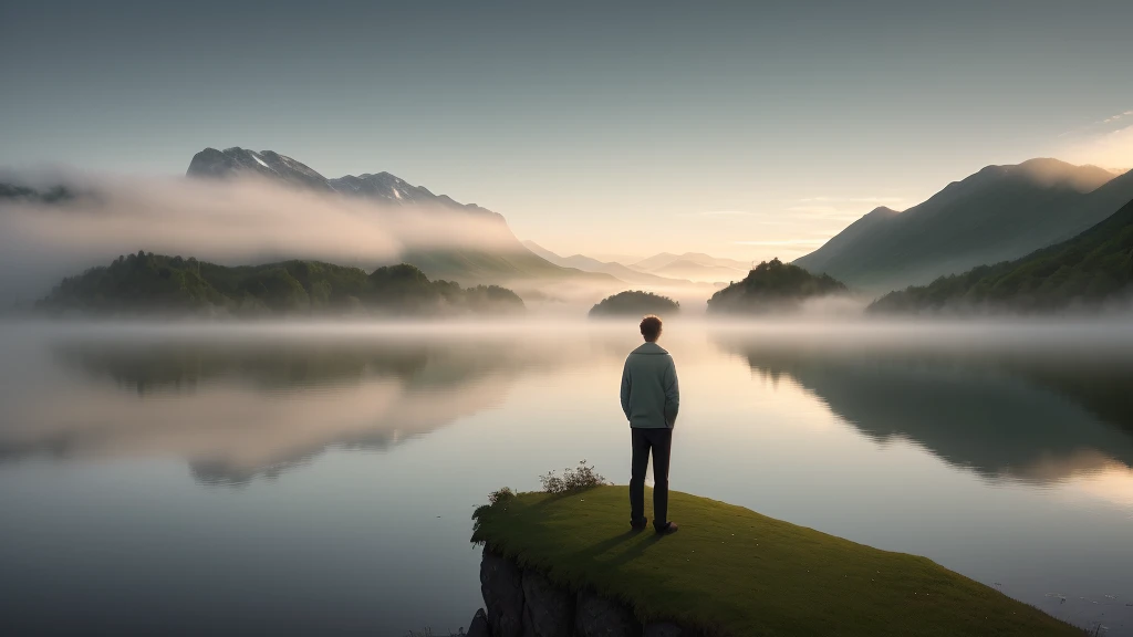 A panoramic view of a tranquil lakeside at dawn, with the mist rising from the water and soft, warm light reflecting on the lake. In the foreground, a man stands alone, looking out at the lake with a pensive expression. He wears a cozy sweater, and his hair is slightly tousled by the gentle breeze. The background features lush, green mountains covered in early morning mist. The overall mood is serene yet melancholic, perfectly capturing the feeling of longing.