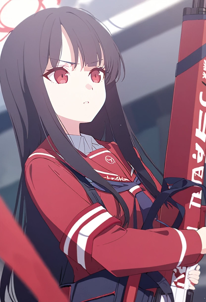1 girl, wearing red school clothes, holding a rifle, red eyes, long black hair, calm and professional expression