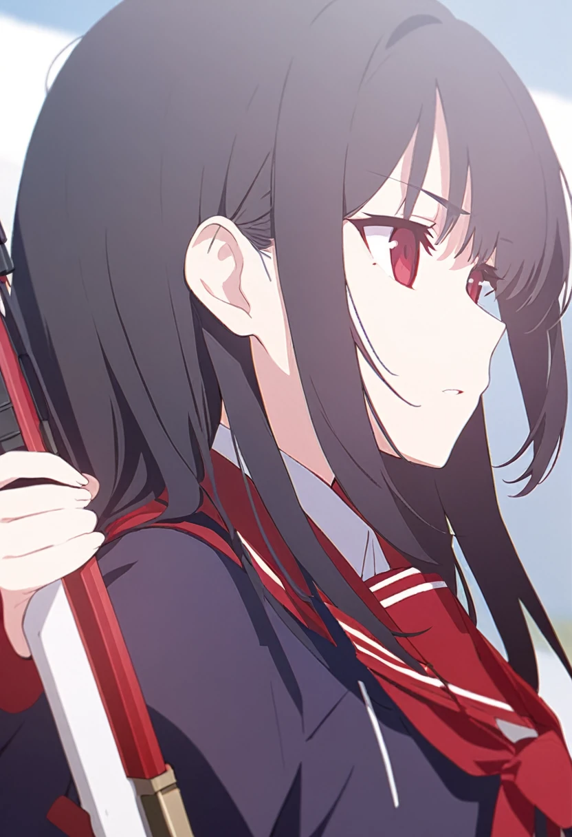 1 girl, wearing red school clothes, holding a rifle, red eyes, long black hair, calm and professional expression 