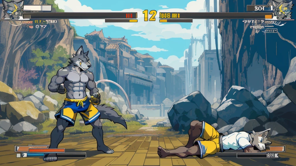 highres, absurdres(highly detailed beautiful face and eyes)perfect anatomy(kemono, furry anthro)(super handsome 2boys, pair, muscles ,abs)good lighting, cinematic shadow, detailed background, User Interface of Fighting game, dots game, pixel art, dungeon, Crisis, assorted poses, assorted expression, full body, sound effects, motion blur, from side, ((yellow wolf, blue shorts, knocked out on the floor)), (((gray wolf, white shorts, muay thai pose))) “VS”