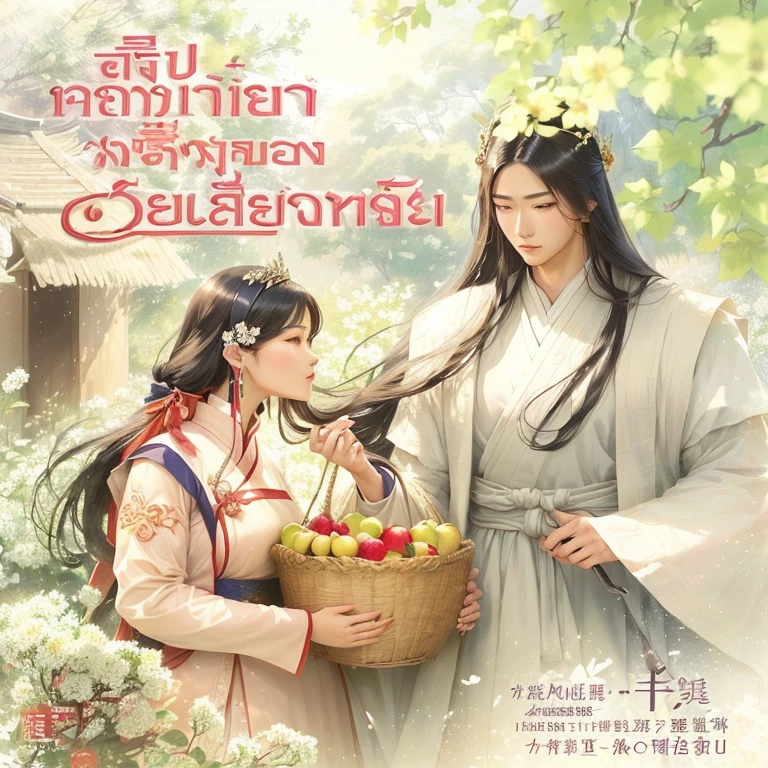 A woman holding a basket of fruit，Next to him stood a man。, inspired by Guan Daosheng, Sakimi Chen, Illustrated novel, comics, Wing Wall and Shurak, Patiphan Sothiwilaiphon, Published Artworks, inspired by Hong Ren, Novel cover, Inspired by Huang Gongwang, Flower Prince Crowned