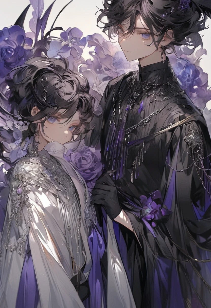 Young boy, soft facial features, smile, squinted siren dark blue eyes without glare, silver and dark purple long loose hair with straight bang, fantasy black clothes with blue and purple elements, long black gloves, model, gorgeous, elegant, lots of silver jewelry, flowers in his hair