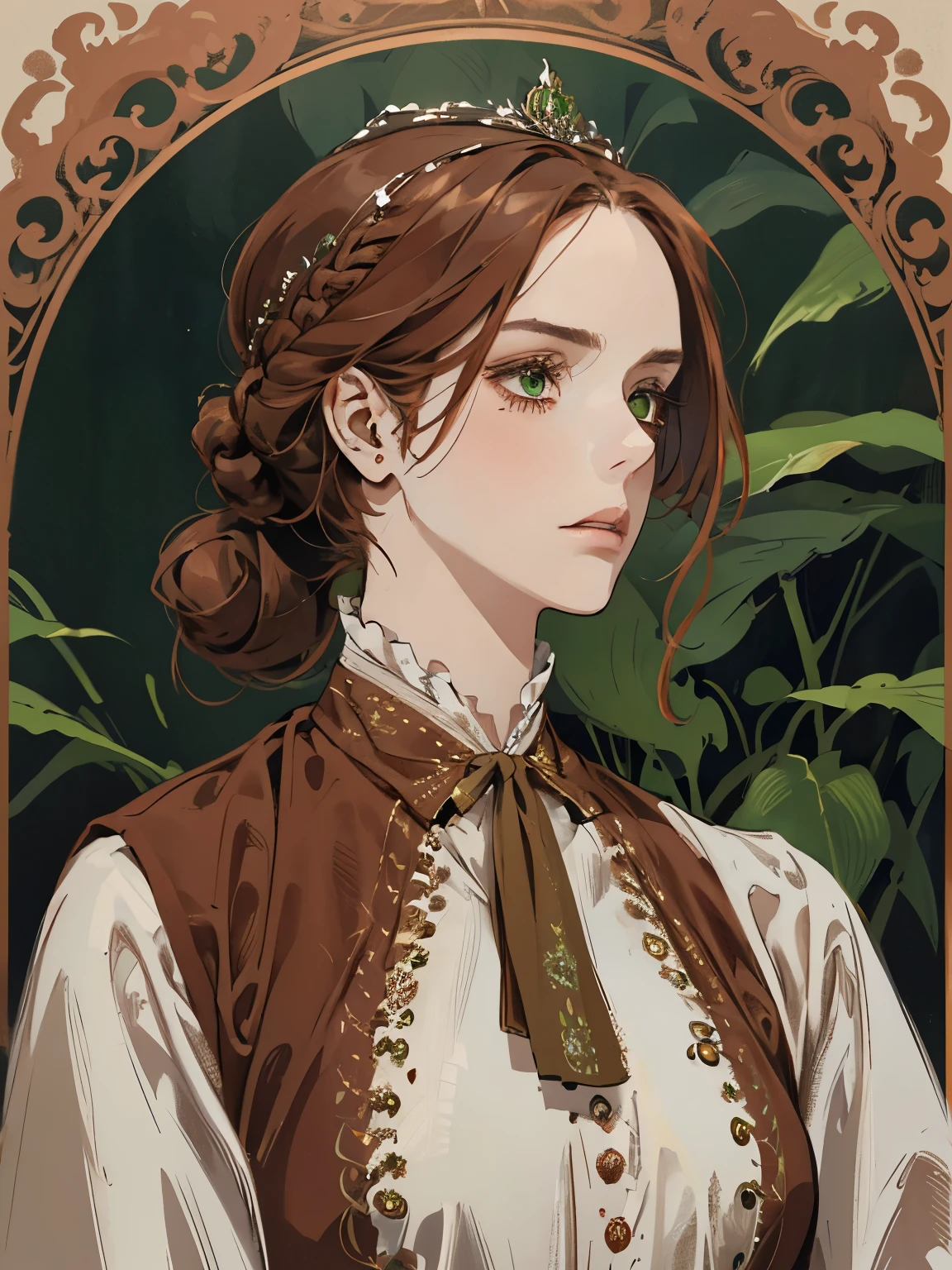 one, lonely, digital painting of a woman with her hair tied up in a bun, Brown red hair, green eyes, young noblewoman from the 1800s , calm face, long face, looks down, dark red dress, closed clothing, decorations on the head around the hair portrait style, looking away, in a beautiful and green garden