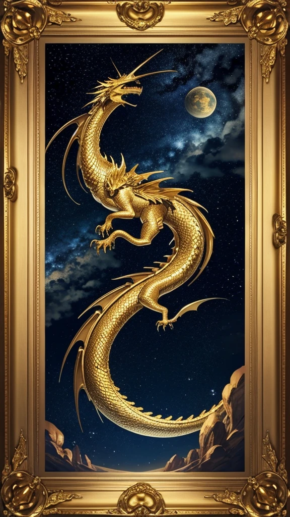 A golden dragon is flying in the starry sky