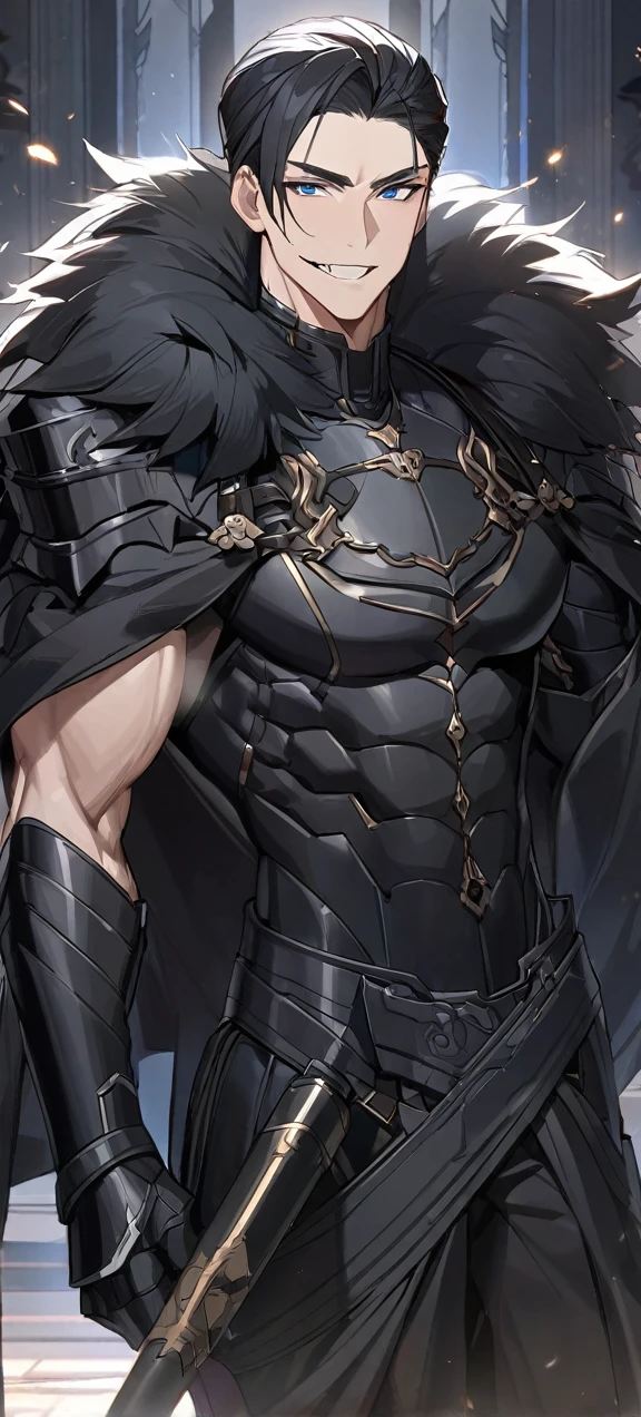 A quiet and charming young man, 30 years old, smile, gag, Portrait, Highly detailed face, 寒さとsmile, ((ดวงblue eyes)), ((black short hair)), [Thick eyebrows], ((black long coat)), ((all black)), (ดวงblue eyes) ,Short Black Quiff Hair with Soft Fringe, handsome , muscle, Facial expressions, Black Knight Armor (Plain black armor) , black fur shawl(Masterpiece,best quality,special, (Broad shoulders)) (muscle), male focus, Hand Held Weapons (Crescent repeater),Lipo,Fang Tian Hua Ji,High quality, สมจริงเป็นspecial,nonsense, height, Very detailed, HDR, Masterpiece, ใบหน้าและดวงตาที่มีรายVery detailed, dark armor, alone, ,man, handsome,, blue eyes , Villain&#39;s expression, black splash effect, dark black lightning effect,glowing glitter , symmetrical , Black Aura, strong full body view ,Fantasy Knight, Fantasy Warrior, Fantasy Knight, Fantasy Warrior in full armor , attack posture. , Details of his repeater, Characteristics and characteristics of monsters, and convey the tension and power of the encounter.."