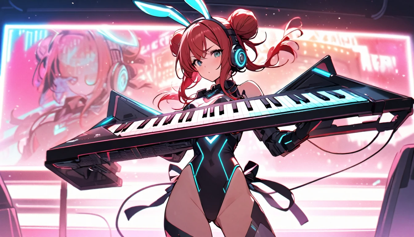 Beautiful girl, single, hair tied in two buns, red hair, glowing wires. Wear a half hat, headphones, bunny ears, and a neon sci-fi robot leotard. Behind it is a robot with neon lights. The background image is a large robot clearly visible, on stage playing Keytar.