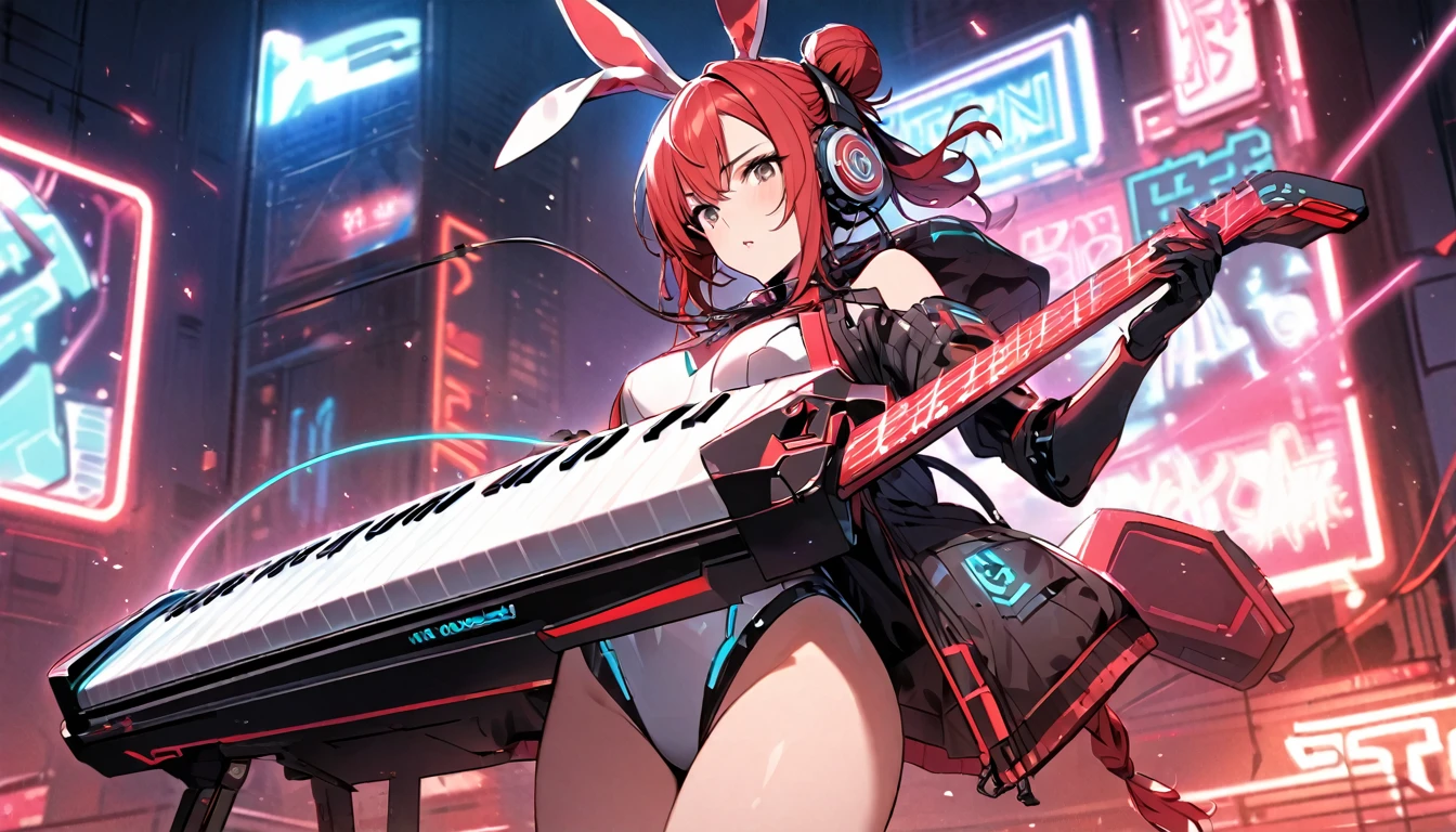 Beautiful girl, single, hair tied in two buns, red hair, glowing wires. Wear a half hat, headphones, bunny ears, and a neon sci-fi robot leotard. Behind it is a robot with neon lights. The background image is a large robot clearly visible, on stage playing Keytar.