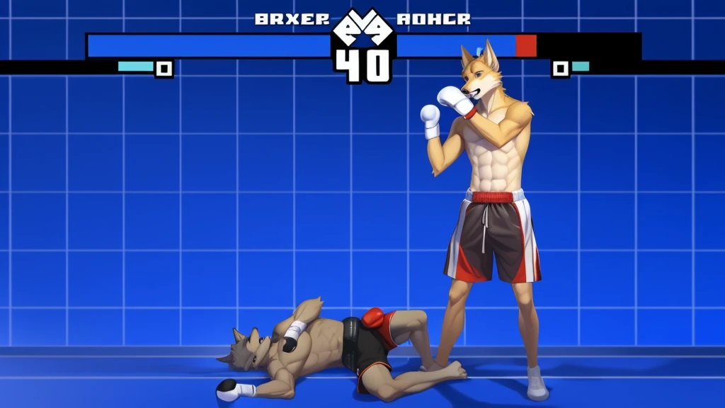 a detailed picture of a boxing match (male anthros, two boy), slim body, slim features, in a boxing ring, Ross Tran, ruan jia, trending on artstation, foxovh,User Interface of Fighting game, Crisis, assorted poses, assorted expression, full body, sound effects, motion blur, from side, ((yellow wolf, blue shorts, knocked out on the floor)), (((gray wolf, white shorts, boxing pose))) “VS”