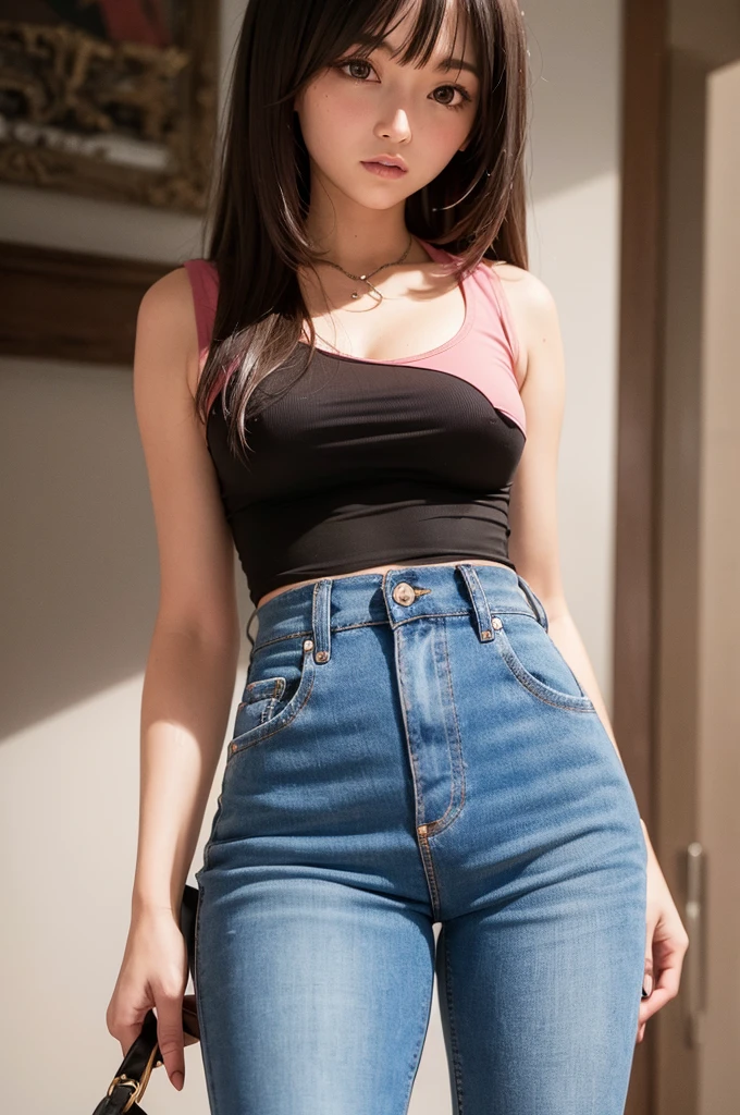 Jessica-Degg, solo, 1girl, pink tank top stretched tightly over breasts, tight ripped jeans