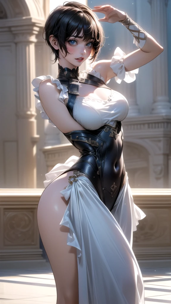 (Thin type),(large breasts),(random dance pose:1.5),(short hair),(Highest image quality,(8K), Ultra-realistic, Best Quality, High quality, High Definition, high quality texture, high detailing, Beautiful detailed, fine detailed, extremely details CG, Detailed texture, realistic representation of face, masterpiece, presence)