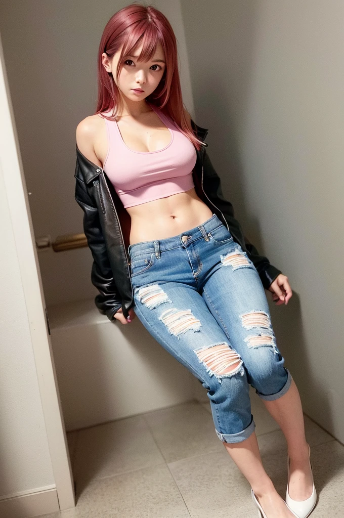 Jessica-Degg, solo, 1girl, pink tank top stretched tightly over breasts,  tight ripped jeans