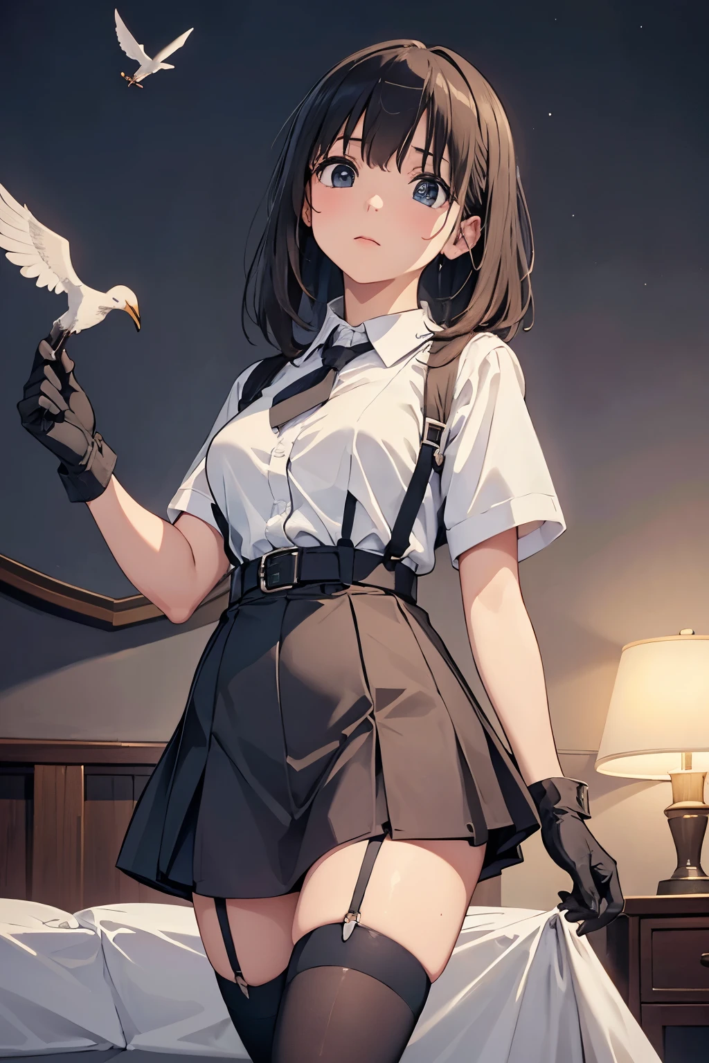high quality, masterpiece, Ultra-high resolution, (realism: 1.4), Oil painting style, Cinema Lighting, , I stood on the empty asphalt road and looked at it., And the suspenders with the cranes flying　　Large Breasts　 　 　　　　Small face　 　　　holster　　　　　　　 Lying in bed　Looking up　　　　Sweat 　　　belt　summer　脇Sweat 　Black Hole Gloves　suit　　　　 mini skirt　garterbelt　Leg Links　ズボンにbelt　　holster　 　　Hands behind your back　 Anxious expression　Looking up　Anxious face　Knee-high　Knee socks　Knee-highソックス garterbelt　garter　ふとももにgarterbelt