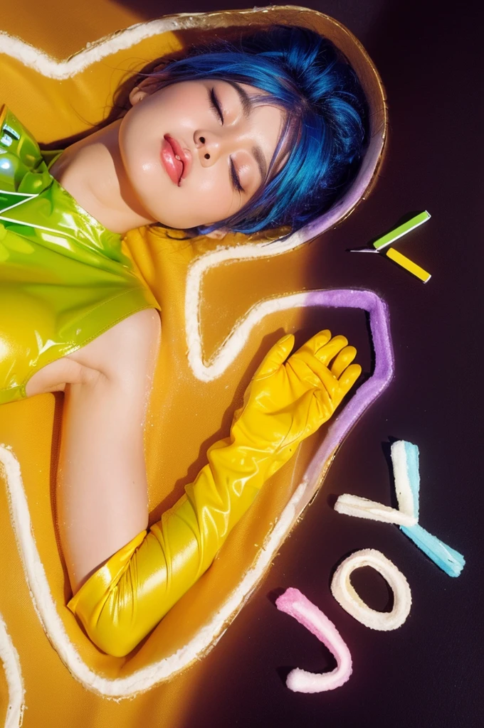 chalk inscription This image captures a visually stunning and vibrant portrayal of a woman, framed against a textured background that combines golden and purple hues. She is lying down, with her eyes closed in a serene expression, chalk inscription surrounded by an outline that seems to radiate light, enhancing the peaceful ambiance. chalk inscription Her hair is vivid blue, providing a striking contrast against the warmer background colors.  She wears a bright green dress that shines with a glossy finish, and her arms are adorned with yellow gloves that reach her elbows, contributing to the vivid and colorful palette of the image. The word chalk inscription "JOY" is creatively integrated into the scene, written in white on the purple section of the background, suggesting the theme or emotion conveyed by this setup. The overall composition is both dreamlike and expressive, effectively capturing a moment of tranquil beauty enhanced by a rich, colorful environment.chalk inscription  3d model, multiple light sources, rim light, sharp post broken glass magic ball of turquoise color with fragments lying nearby frame above from above on a white background effects render, (glossy plastic texture with multiple big light probe refractions), perfect cgi, smooth silhouette, high intensity refraction, (super glossy plastic material), most beautiful vfx, , realistic, 4k, high resolution, rim light, smooth 3d model, multiple light sources, rim light, sharp post effects render,, realistic, 4k, high resolution, rim light detailed digital art, reflective, best quality, 4k, masterpiece:1.2, ultra-detailed, realistic, vivid colors, The image of the highest quality, ensuring every detail showcased perfectly. It in 4k resolution, allowing viewers to immerse themselves in the richness of the colors and intricate details. The realistic rendering. under the spotlight, reflecting, high-resolution image, realistic rendering