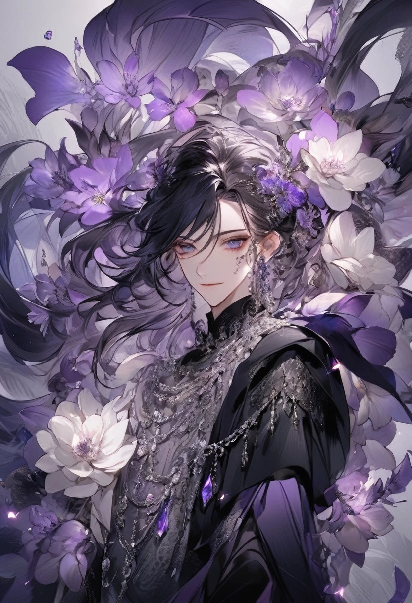 Young boy, soft features, smile, squinted siren dark blue eyes without glare, silver and dark purple long loose hair with straight bang, fantasy black clothes with blue and purple elements, long black gloves, model, gorgeous, elegant, lots of silver jewelry, flowers in his hair