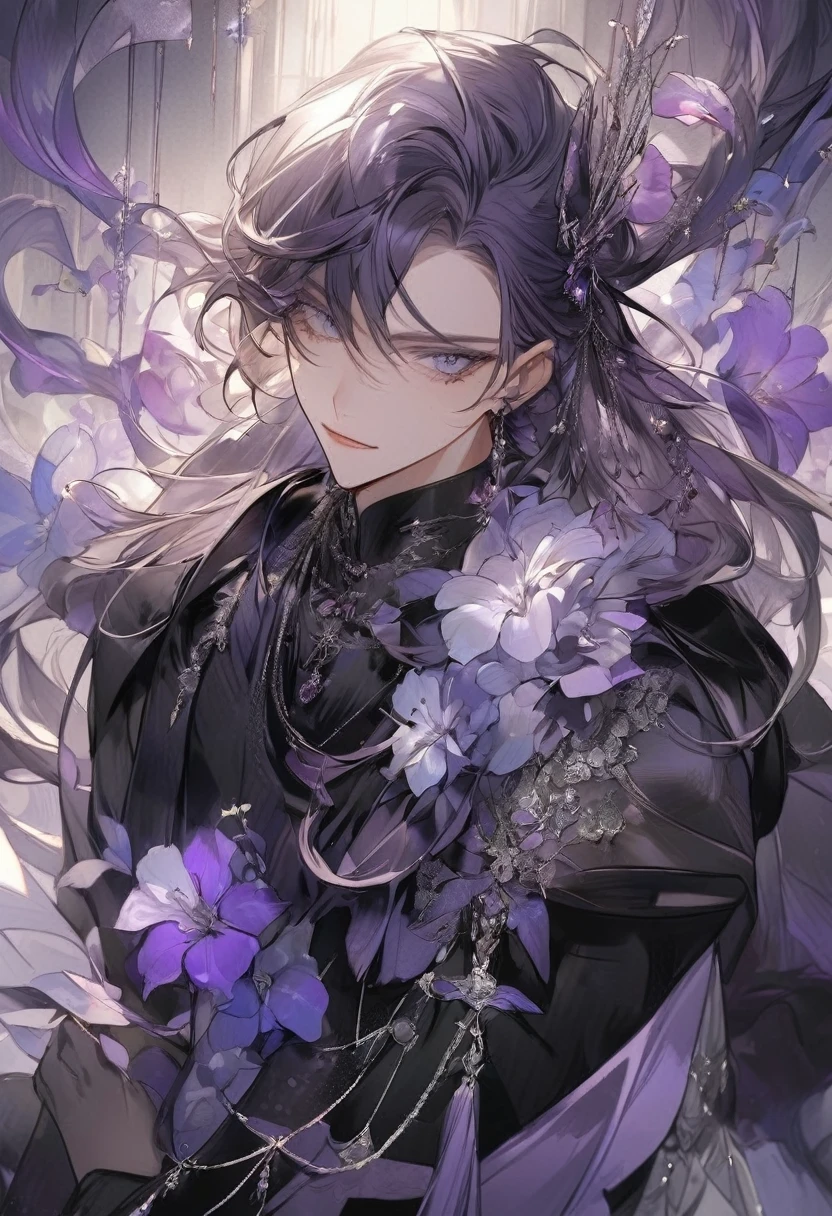 Young boy, soft facial features, smile, squinted siren dark blue eyes without glare, silver and dark purple long loose hair with straight bang, fantasy black clothes with blue and purple elements, long black gloves, model, gorgeous, elegant, lots of silver jewelry, flowers in his hair