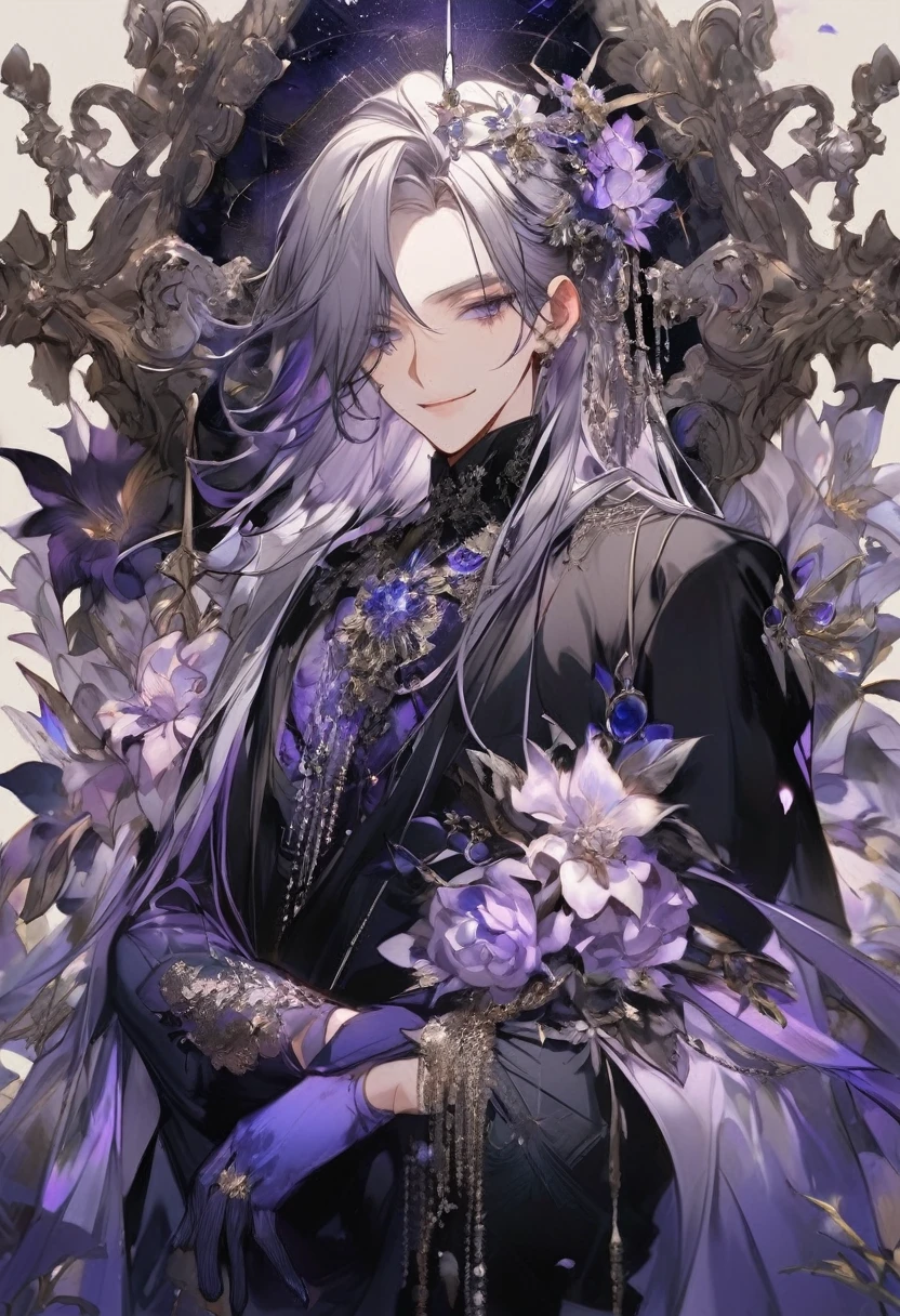 Young boy, soft facial features, smile, squinted siren dark blue eyes without glare, silver and dark purple long loose hair with straight bang, fantasy black clothes with blue and purple elements, long black gloves, model, gorgeous, elegant, lots of silver jewelry, flowers in his hair