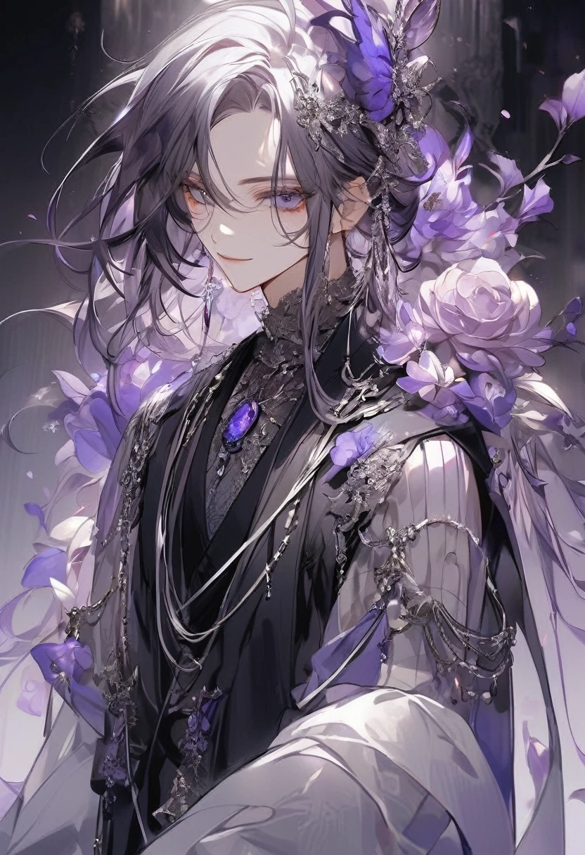 Young boy, soft facial features, smile, squinted siren dark blue eyes without glare, silver and dark purple long loose hair with straight bang, fantasy black clothes with blue and purple elements, long black gloves, model, gorgeous, elegant, lots of silver jewelry, flowers in his hair