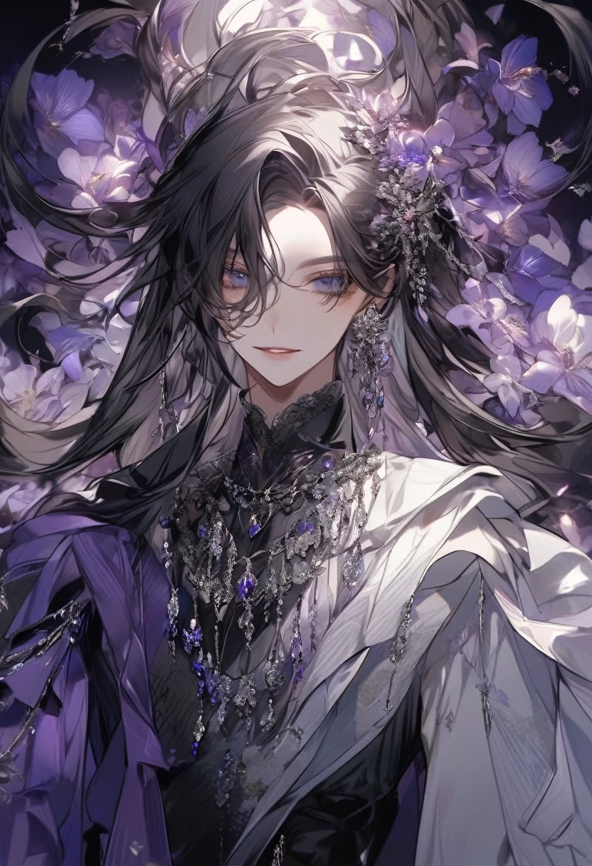 Young boy, soft facial features, smile, squinted siren dark blue eyes without glare, silver and dark purple long loose hair with straight bang, fantasy black clothes with blue and purple elements, long black gloves, model, gorgeous, elegant, lots of silver jewelry, flowers in his hair