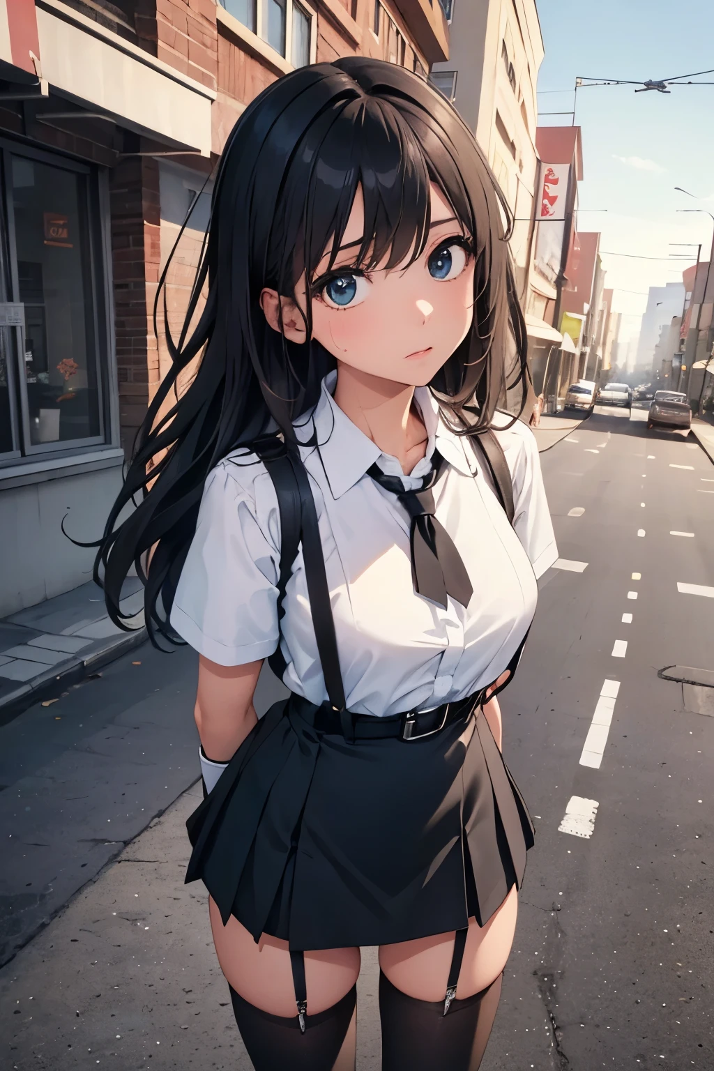 high quality, masterpiece, Ultra-high resolution, (realism: 1.4), Oil painting style, Cinema Lighting, , I stood on the empty asphalt road and looked at it., And the suspenders with the cranes flying Large Breasts Small face holster Lying in bed Looking up Sweat belt summer 脇Sweat Black Hole Gloves suit mini skirt garterbelt Leg Links ズボンにbelt holster Hands behind your back Anxious expression Looking up Anxious face Knee-high Knee socks Knee-highソックス garterbelt garter ふとももにgarterbelt