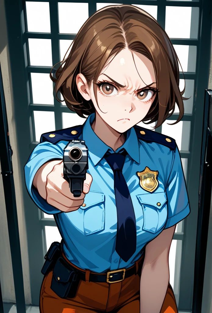 masterpiece, best quality, mature woman, mature face, trimmed hairstyle, brunette hair, mature face, hot face, sharp eyes, medium breasts, curvy body, hazel eyes, police outfit, looking at viewer, tough appearance, prison cell, jail cell, (looking serious), pissed off face, glaring eyes, angry expression, (aiming gun, pointing gun)