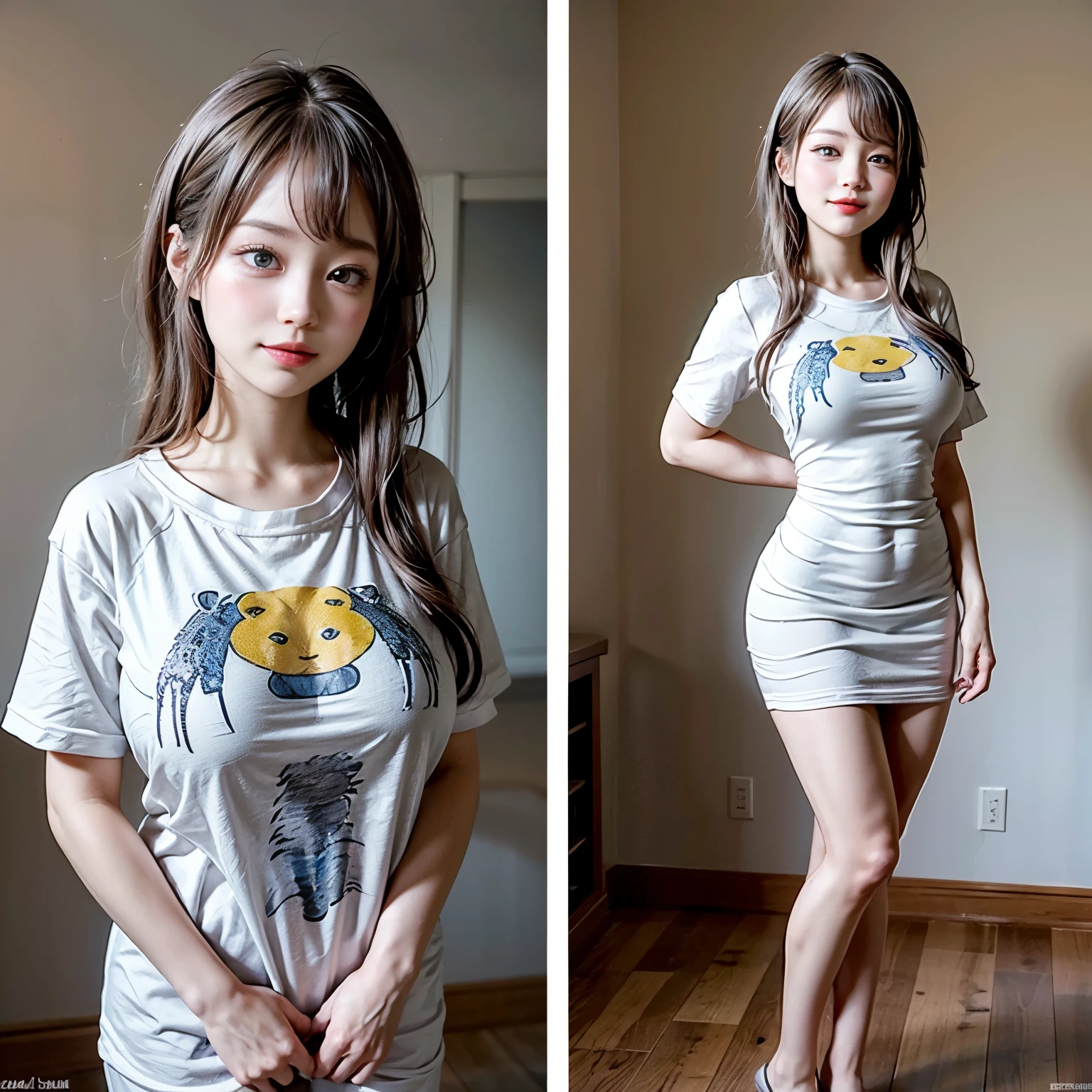 White and Bright Red, (Masterpiece 8K TopQuality:1.2) (ProfessionalPhoto:1.37) ExtremelyDetailed (((FullBody, KAWAII girl with HUGE boobs:1.37)) in ((WHITE cotton T-shirt dress:1.28) with (Life-Size her face printed on it:1.37)) detailed (Delicate cotton textures)) Sexy PUNIPUNI BODY PerfectLighting ((Studio Dark GRAY Background) with (Oodles  Dazzling RainbowColor Particles:1.26))  BREAK  (((NOGIZAKA FaceVariations))), Extremely Detailed (very KAWAII Face), Childish CaptivatingGaze Stunning ParfectEyes ElaboratePupils with (SparklingHighlights:1.28), DoubleEyelids with (Detailed Voluminous LongEyelashes:0.88), Small GlossyRedLips with BeautifulDetails, CoquettishTongue, PUNIPUNI RosyCheeks, Radiant PearlSkin with Transparency, Glowing DowneyHair . { (Dynamic Joyful expressions LifeLike Rendering:1.4) | (:d) }, (large eyes:-1) . 