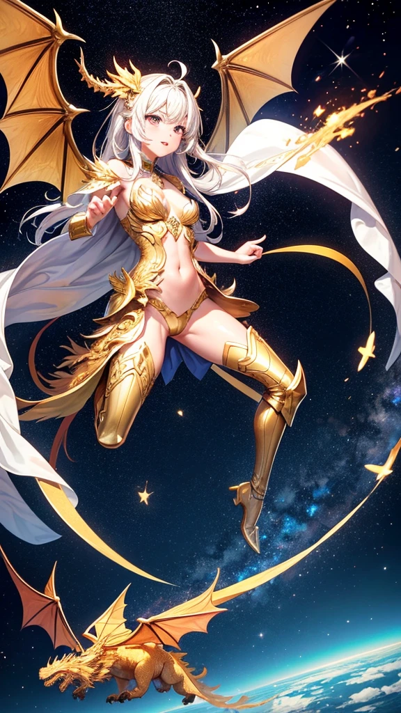 A golden dragon is flying in the starry sky