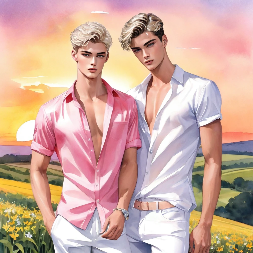 candid fashion illustration of 2man, a charming 24 year-old male supermodel, reminiscent of a mixed between Sean O’Pry and Lucky Blue Smith, graces the scene with his magnetic presence alongside his boyfriend. With features reminiscent of a Ken-doll, plastic-like skin, he exudes a unique allure, short blonde hair, complementing his toned pectorals and slender physique. With a natural skin tone and a photogenic charm, Set against the backdrop of a breathtaking sunset at countryside, farm, wild flower, in a white and pink casual simple outfit with a semi bulge. The  boyfriend in elegant chic style, an oversized short-sleeved shirt with a minimal embroidery details, paired with relaxed-fit white Short, Together they create a dynamic and compelling composition, Captured by ((imperfect water color drawing background)), fashion look book, fashion illustrator, fashion sketch design, gay, gay couple, the image boasts high-quality.