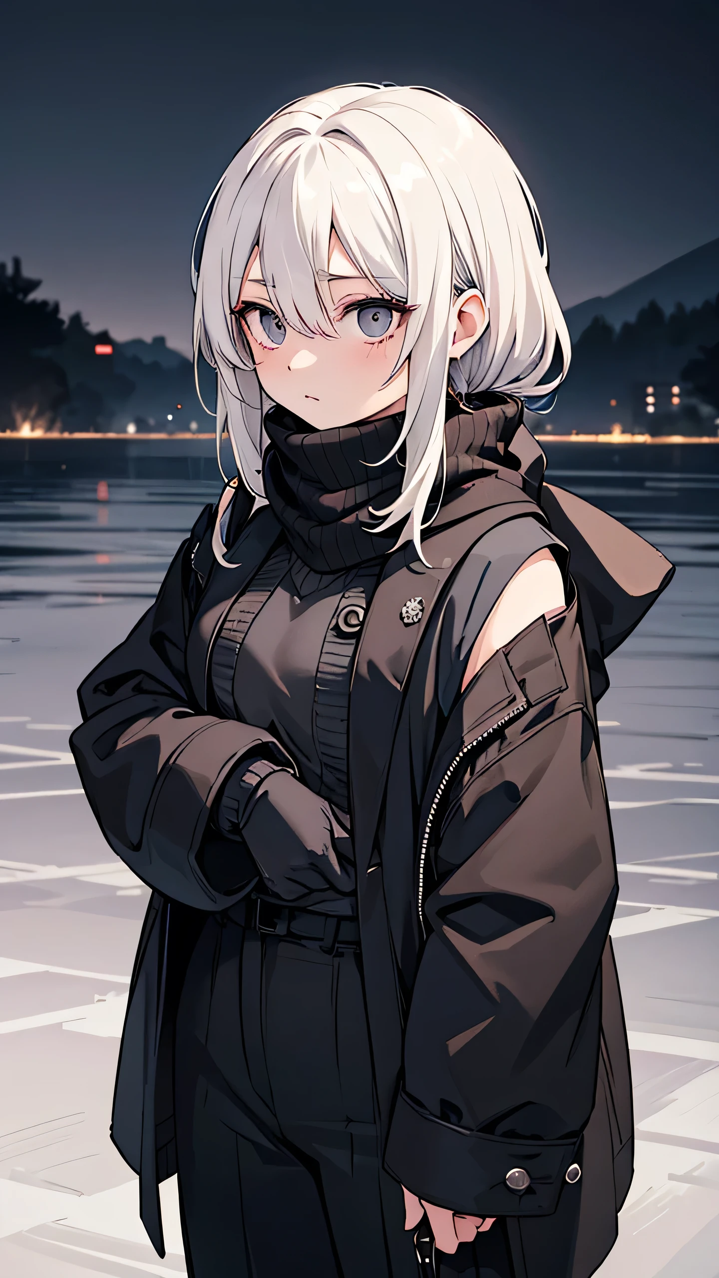 Japanese adult woman, 40-year-old adult, medium-length brown hair, grunge, aesthetic, inumaki, white shaggy hair, no bangs, pure white hair, plain black turtleneck, lazy, eyebags, ominous, eerie, mysterious, night time, dark, eyebags, bags under eyes, adult woman, dark gray pants, dress pants, black turtleneck tucked into dark gray pants, black sleeveless turtleneck halter, eerie moorlands background, turtleneck sweater covering mouth, open coat, black scarf, stern expression, arrogant