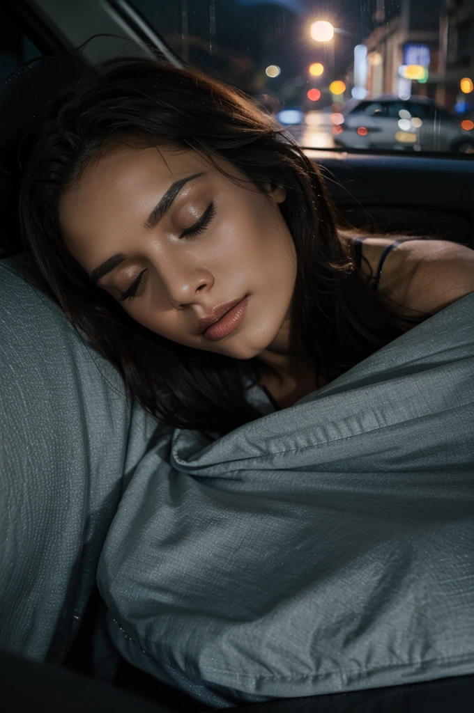 Beautiful woman sleeping in a car in rainy weather at night