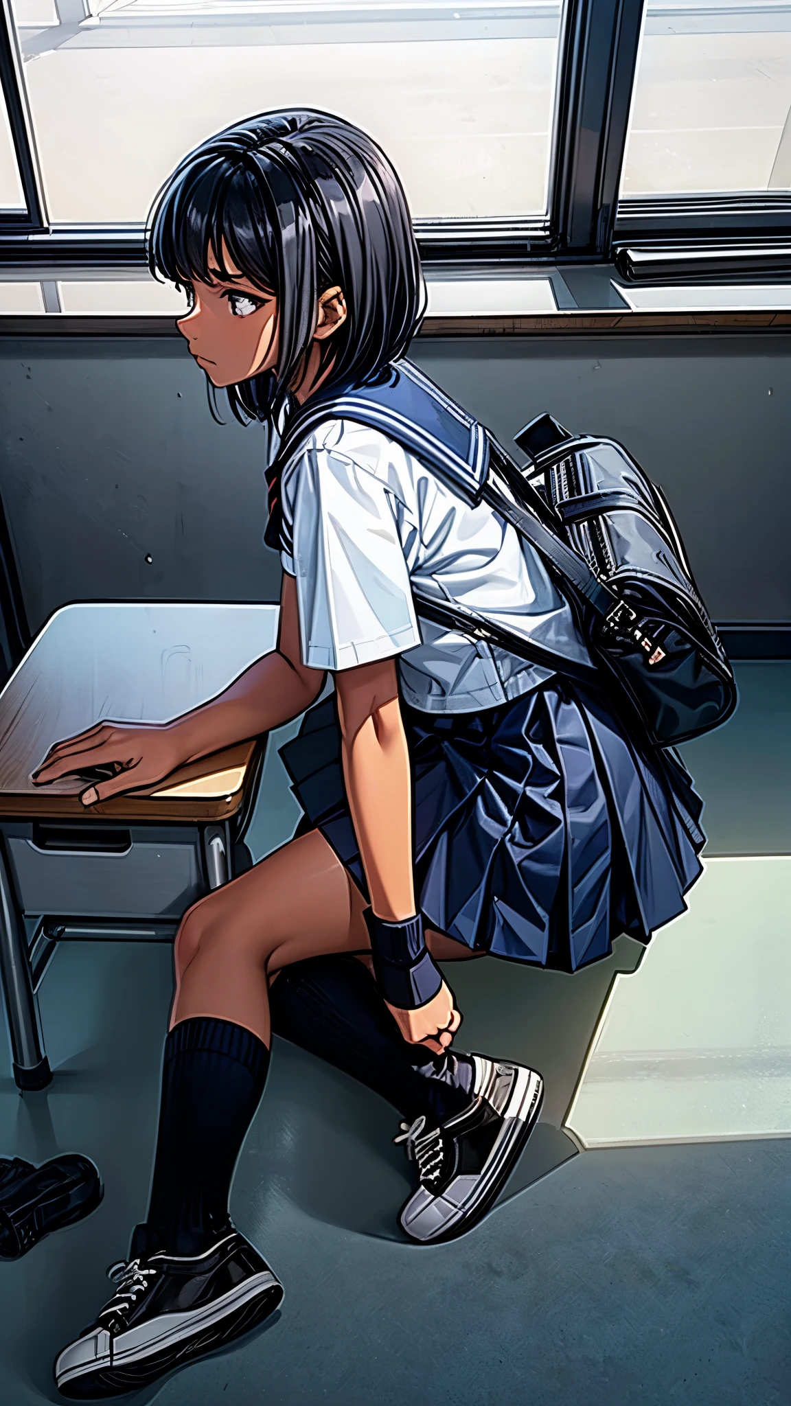 (From above2.0,from side),Inside the school,inside the classroom,One 16 years old girl,sweat,dark skin color,short black hair,displeased,sulky,sailor suit,dark blue color,white shirts,short sleeve,school,dark blue skirt,black skirt,((high socks)),((high socks)),((sneaker)),school bag.