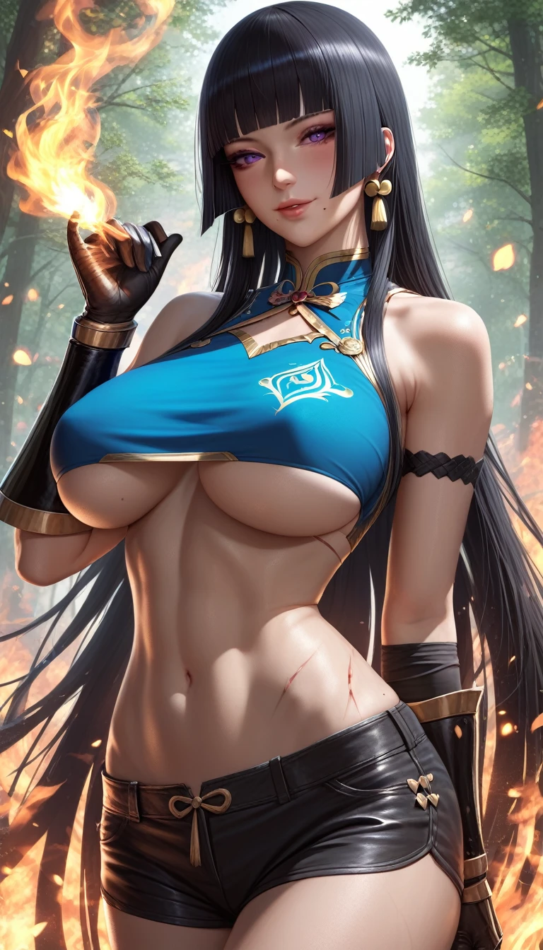 (asura art style:0.7), score_9, score_8_up, score_7_up, score_6_up, uncensored, nyotengu, black hair, long hair, blunt bangs, purple eyes, mole under mouth, makeup, BREAK (masterpiece:1.2), best quality, high resolution,(detailed eyes:1.3), perfect lighting, (perfect hands, perfect anatomy), hearts, pleasured, huge breasts, 1girl, breasts, solo, blue fire, fire, navel, underboob, shorts, looking at viewer, bare shoulders, forest, scar, gloves, smile, contrapposto, arm behind back, black shorts, midriff, cowboy shot, crop top, blood, earrings, black gloves, hand up, standing, jewelry, gauntlets, stomach