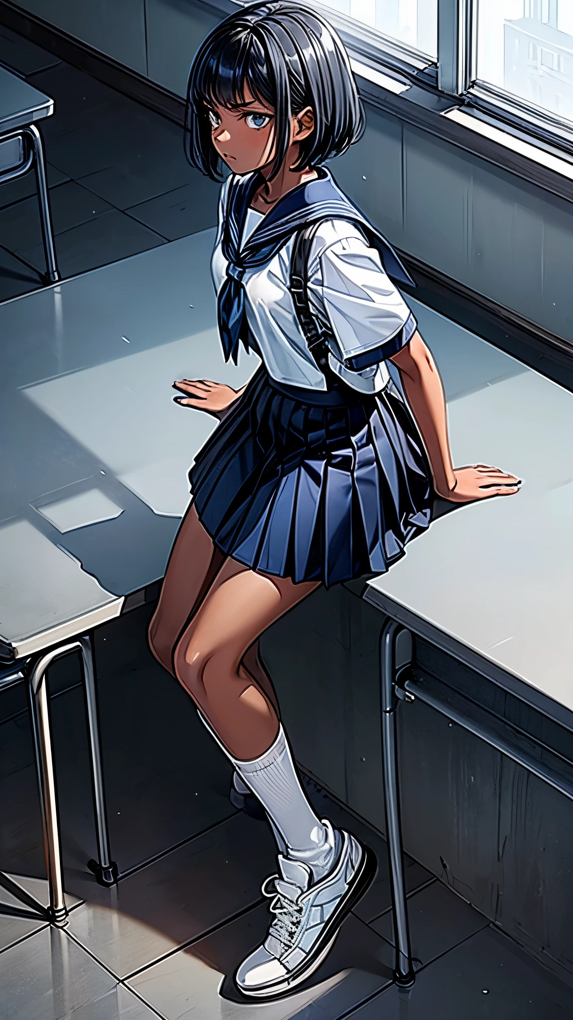 (From above2.0,from side),Inside the school,inside the classroom,One ************ girl,sweat,dark skin color,short black hair,displeased,sulky,sailor suit,dark blue color,white shirts,short sleeve,school,dark blue skirt,black skirt,((high socks)),((high socks)),((sneaker)),school bag.