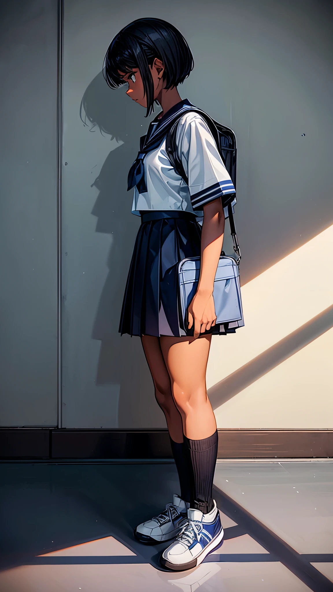 (From above2.0,from side),Inside the school,inside the classroom,One  girl,sweat,dark skin color,short black hair,displeased,sulky,sailor suit,dark blue color,white shirts,short sleeve,school,dark blue skirt,black skirt,((high socks)),((high socks)),((sneaker)),school bag.