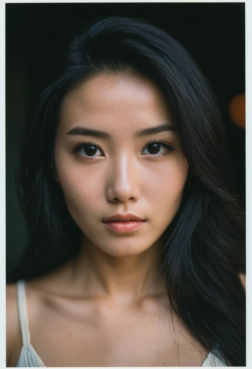 photoshoot, photo studio, RAW photo, editorial photograph, film stock photograph, cinematic, posing, amateur photo, analog, raw, f2, 35mm, an (amateur photo), flash photography, taken on an old camera, polaroid, 8k, highly detailed, (high quality, best quality:1.3), Extremely high-resolution, film grain, long (waist-length:1.2) combed black hair, ((macro lens)), dark atmosphere, ((focused on face and eyes)), dark brown eyes, small asian eyes, feminine expressions, photography, dslr, 35mm, Fujifilm Superia Premium 400, Nikon D850 film stock photograph, Kodak Portra 400 f1.6 lens, 8k, UHD, chinese face, white pale skin, milk pale skin, mid upper body