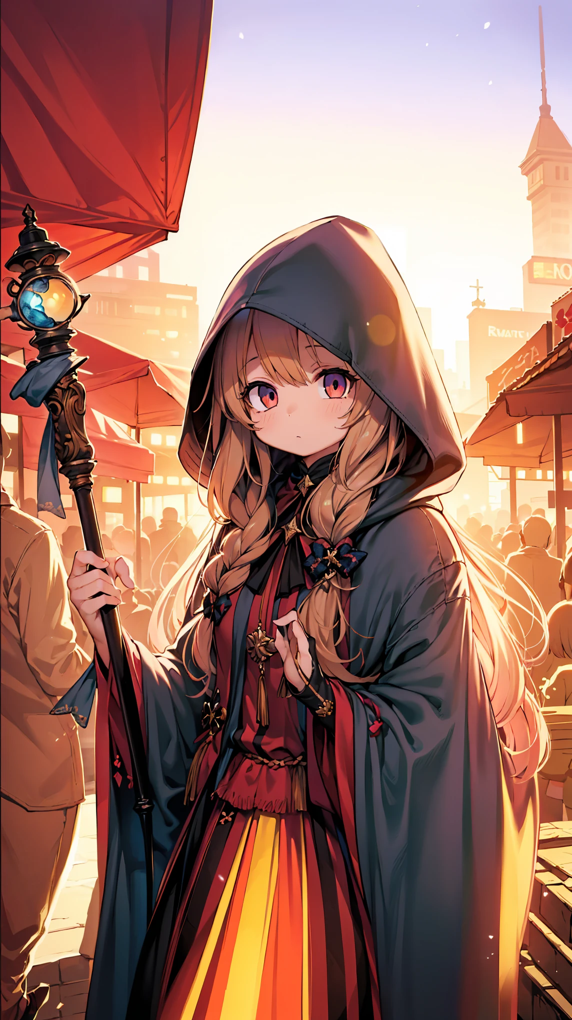  girl, cloaked and mysterious, staff in hand that pulsates with arcane energy. They stand atop a bustling marketplace filled with people from all walks of life. Crowded scene, warm lighting, sense of wonder, ((detailed magic staff)), ((detailed anatomy)), ((detailed chibi face)), abasterpiece)), ((best quality)), ultra detailed,((illustration)), dynamic angle, detailed light, (delicate eyes), (ahoge:0.8),apathy, ray，frontage，style of anime4 k， 4k anime wallpaper， badass anime 8 k， 4 k comic wallpaper